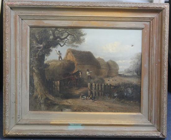 Thomas Smythe (1825-1907) Loading a haycart and horses beside a stable, 13 x 17in.